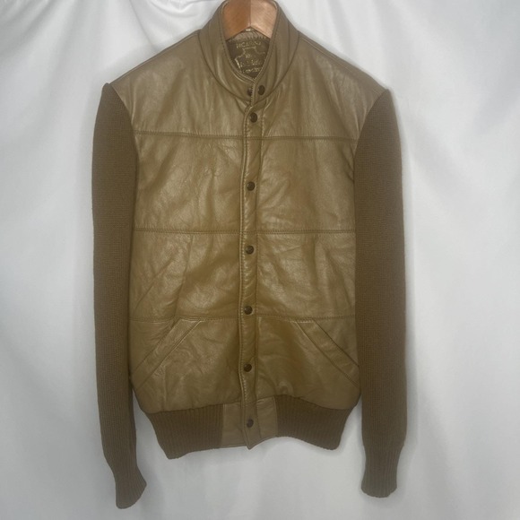 Vintage Ricardo Men's Genuine Leather L Campri Sport Knit Jacket Khaki Brown